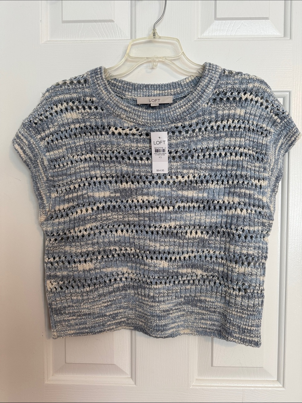 LOFT Blue and Cream Open-Knit Short Sleeve Sweater